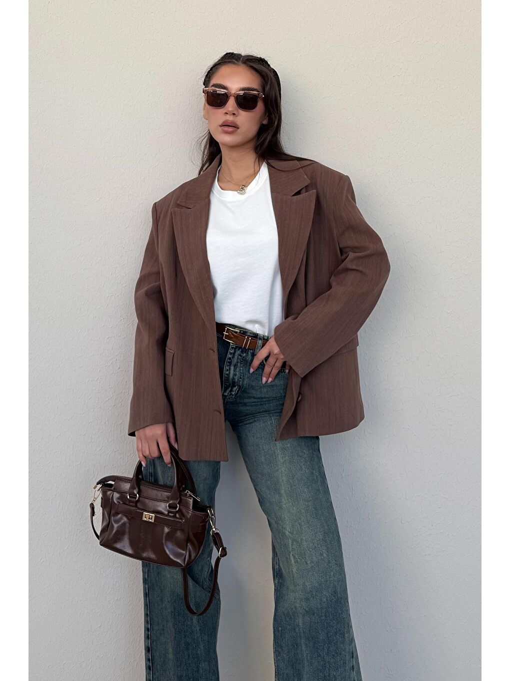 Kahverengi Keten Blazer Kadın Ceket Mg2443-10