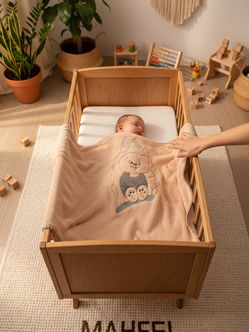 Kahverengi Çift Katlı Welsoft Salıncak Nakışlı Bebek Battaniyesi KAHVE-1