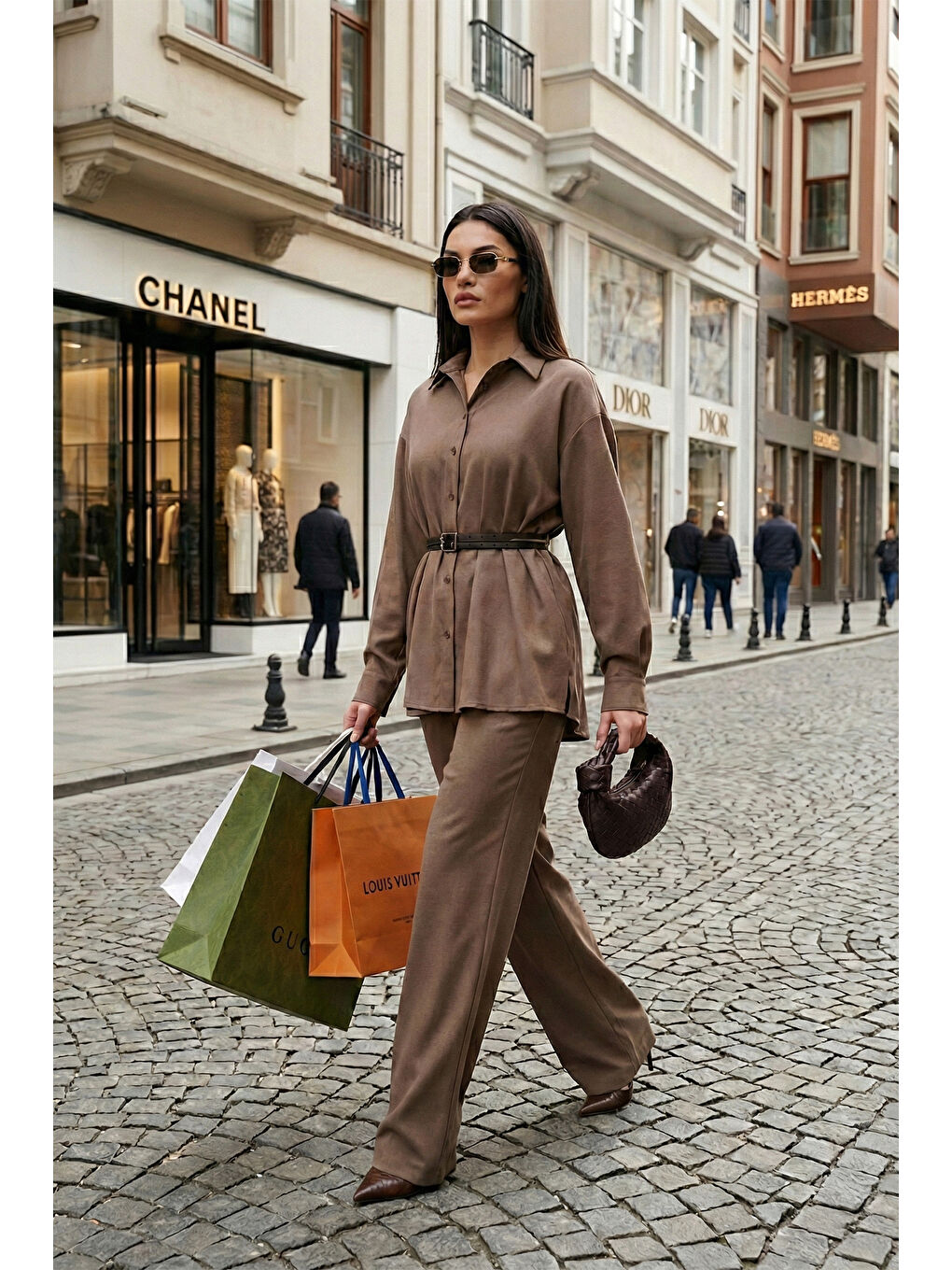 Haki Regular Fit Kemer Detaylı Yüksek Bel Kadın Takım 6928887