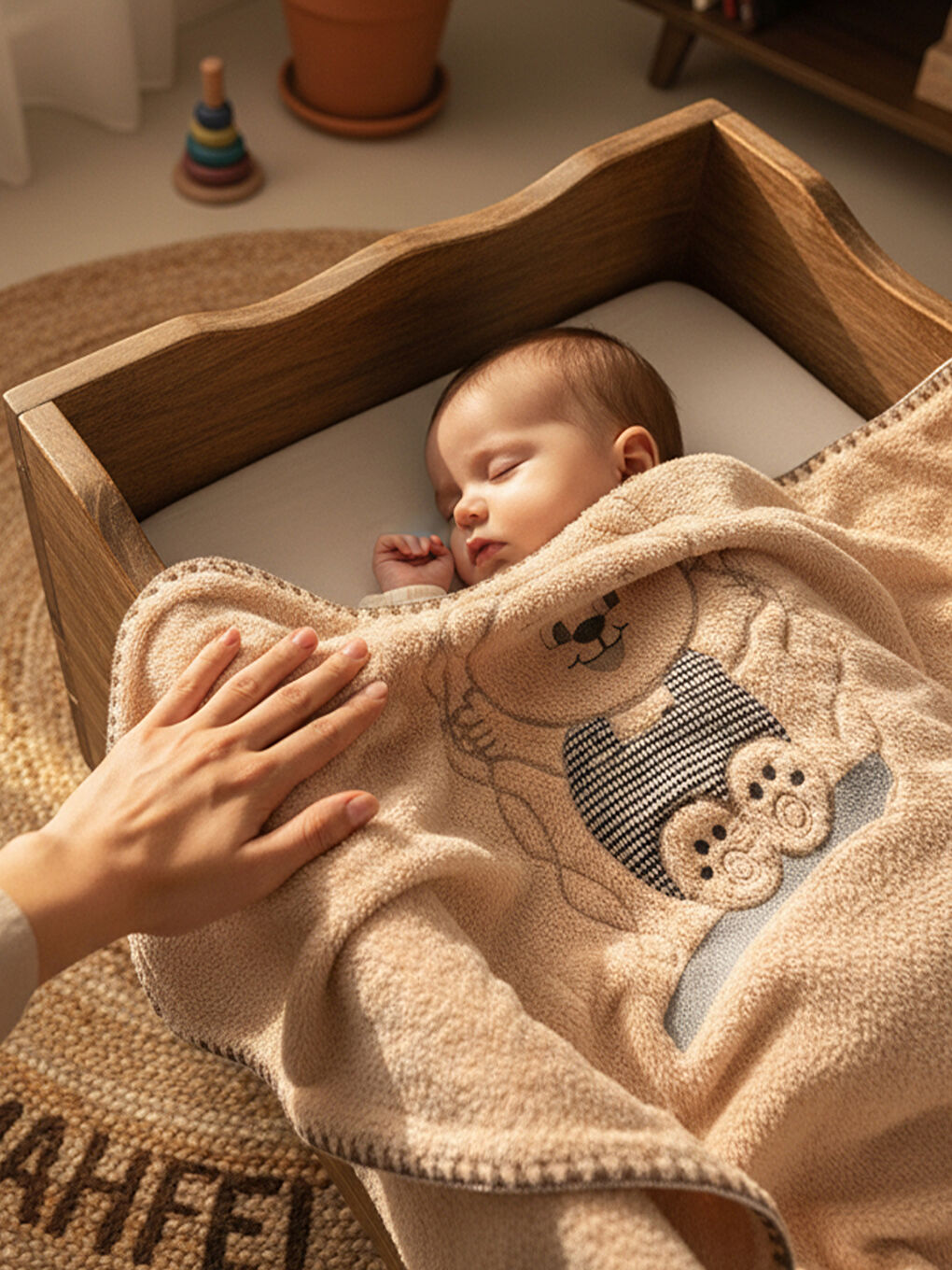 Kahverengi Çift Katlı Welsoft Salıncak Nakışlı Bebek Battaniyesi KAHVE-3