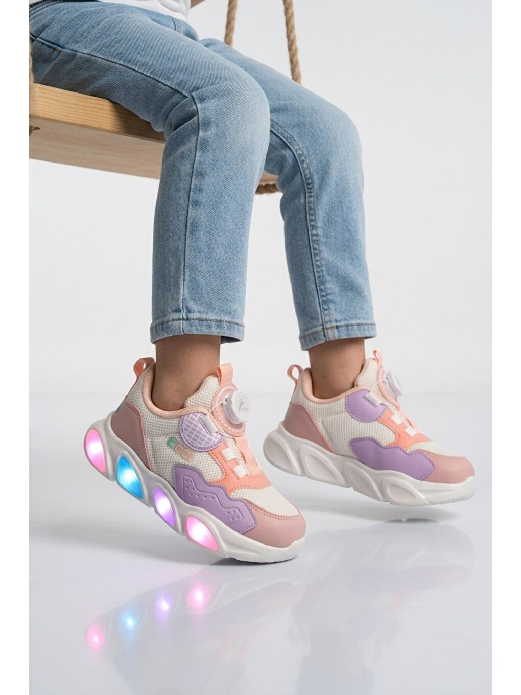 Pembe Somon Misina Bağcıklı Işıklı Fileli Hafif Erkek Çocuk Spor Ayakkabı Leon P-1