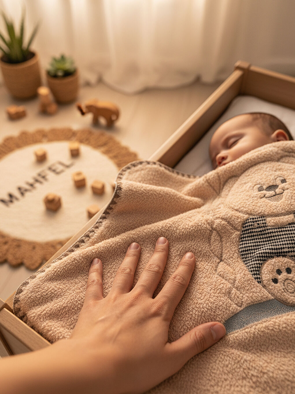 Kahverengi Çift Katlı Welsoft Salıncak Nakışlı Bebek Battaniyesi KAHVE-4