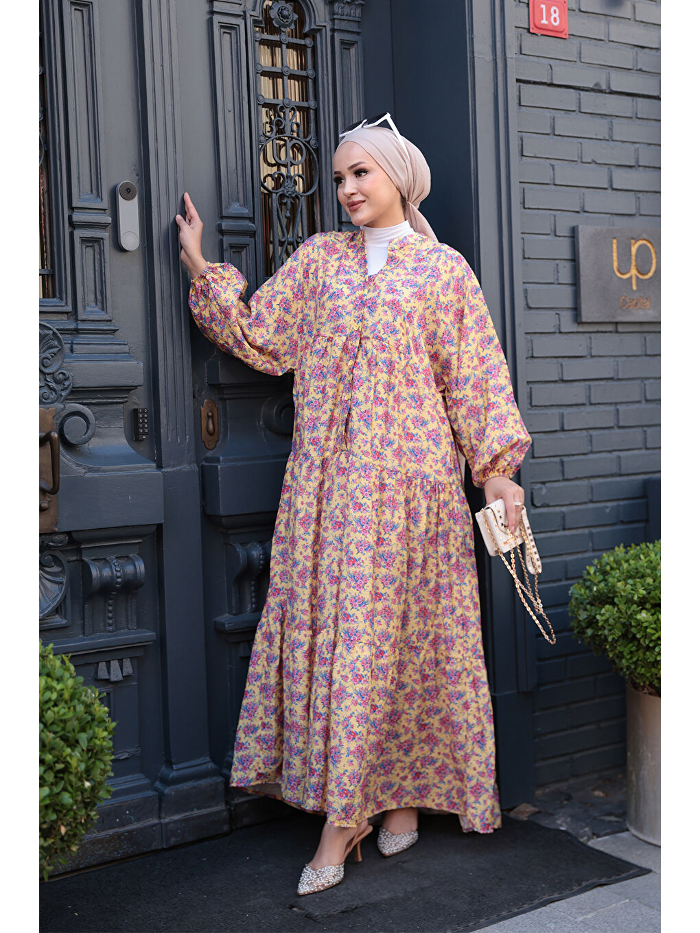 Kadın Menekşe Desen Elbise Sarı-1