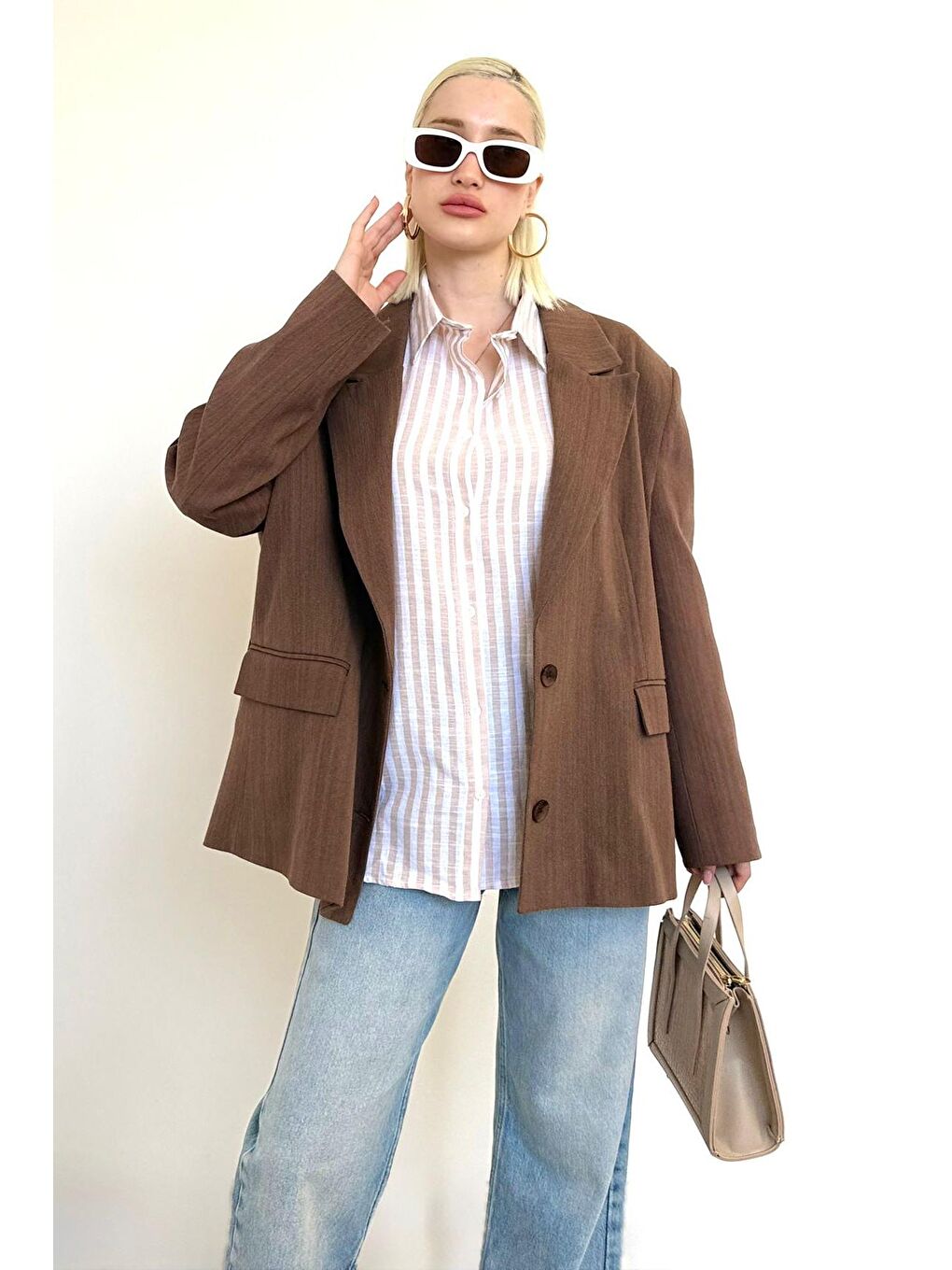 Kahverengi Keten Blazer Kadın Ceket Mg2443-11