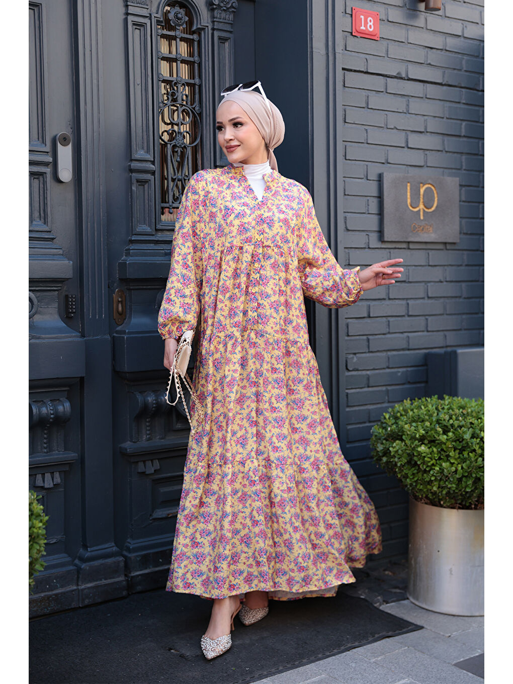 Kadın Menekşe Desen Elbise Sarı-2