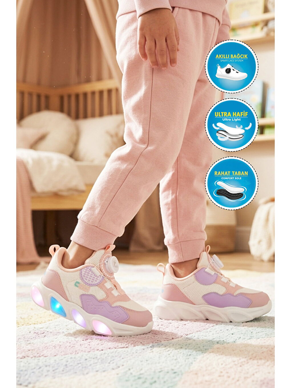Pembe Somon Misina Bağcıklı Işıklı Fileli Hafif Erkek Çocuk Spor Ayakkabı Leon P-2