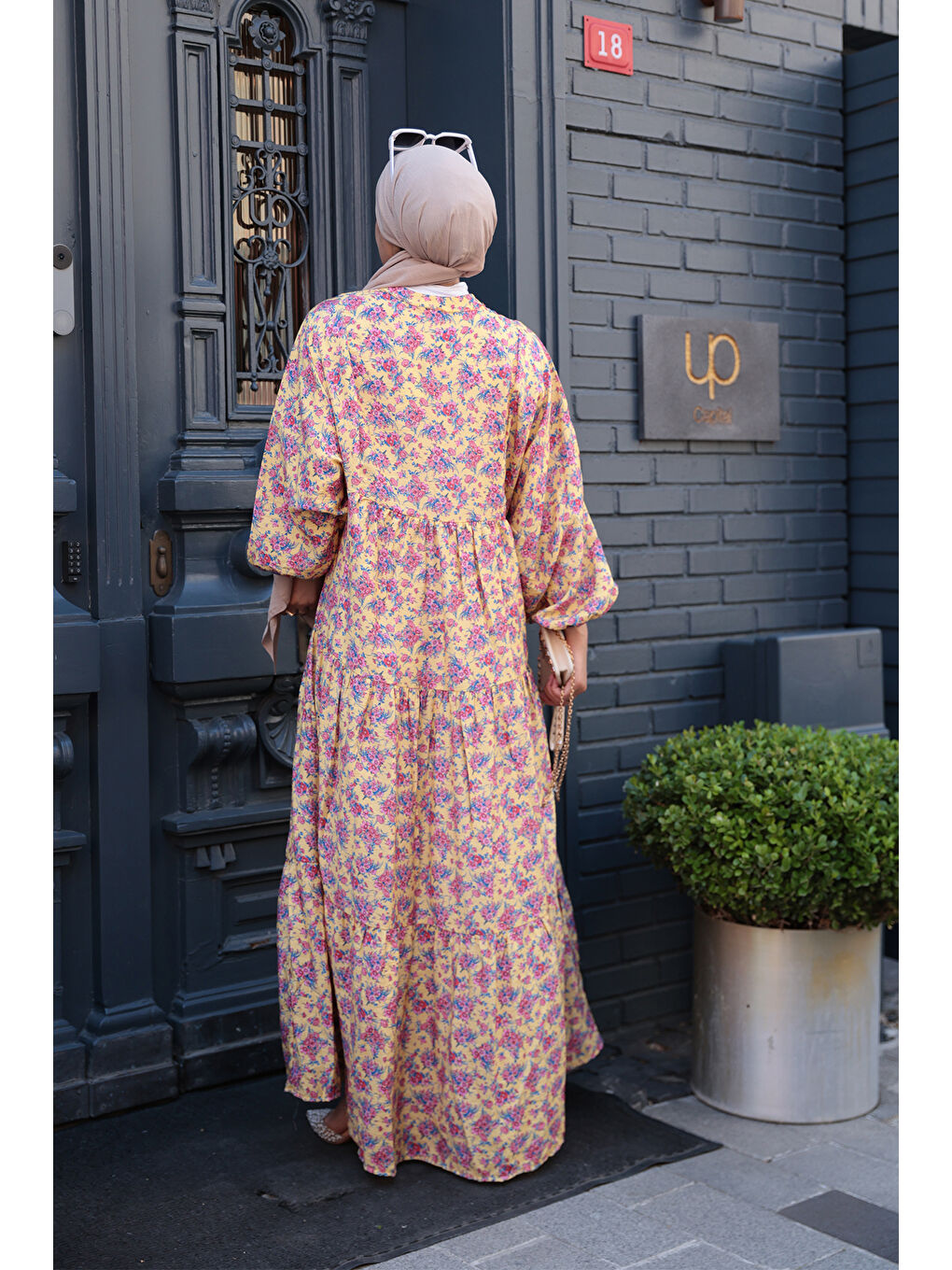 Kadın Menekşe Desen Elbise Sarı-3