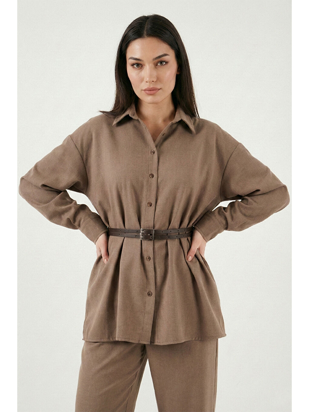 Haki Regular Fit Kemer Detaylı Yüksek Bel Kadın Takım 6928887-1