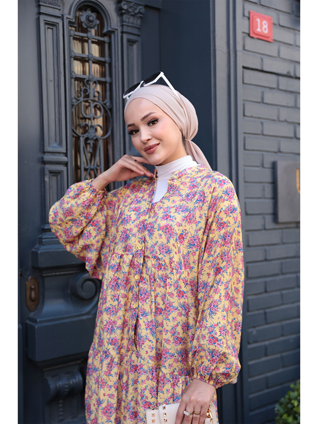 Kadın Menekşe Desen Elbise Sarı-4