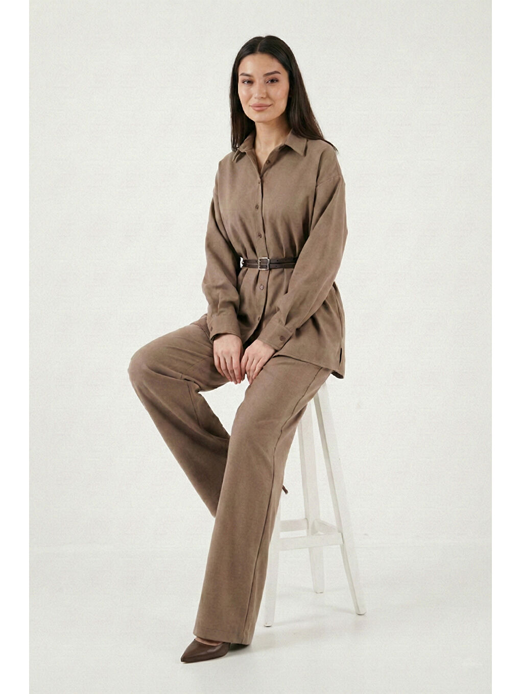 Haki Regular Fit Kemer Detaylı Yüksek Bel Kadın Takım 6928887-3