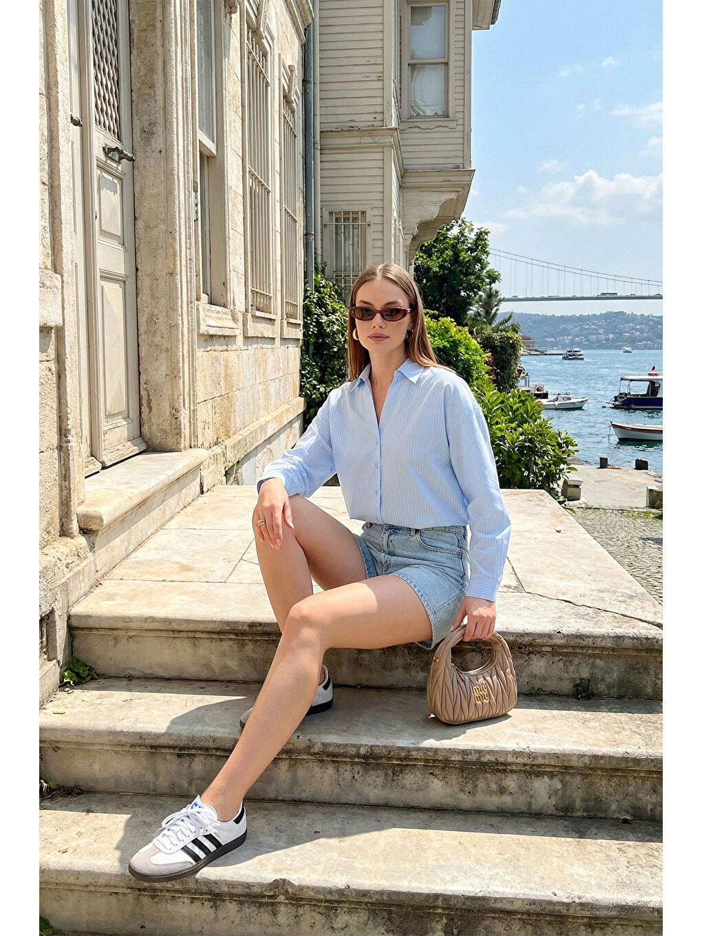 Mavi Çizgili Oversize Fit Klasik Yaka Uzun Kollu Kadın Gömlek 6925437