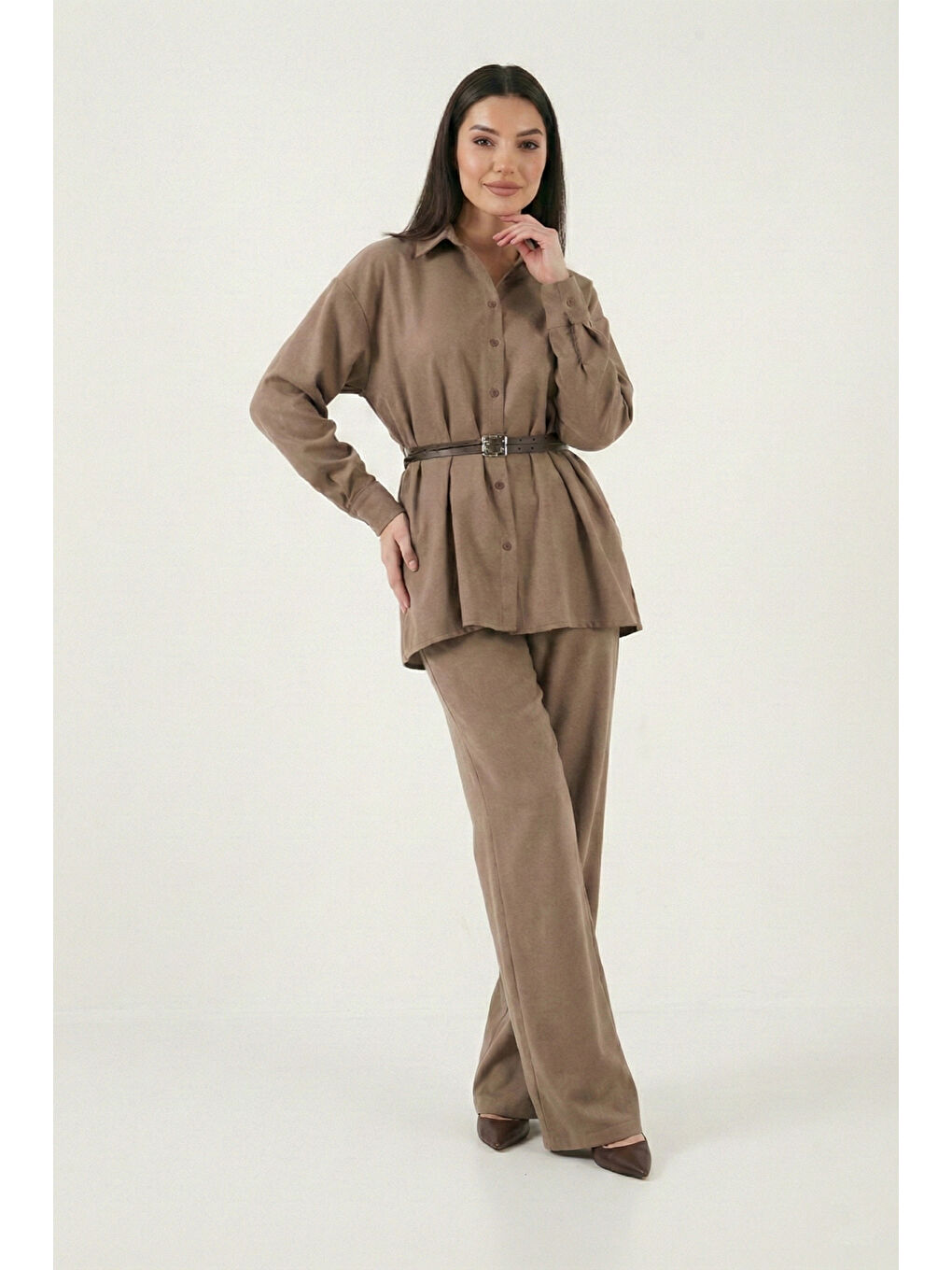 Haki Regular Fit Kemer Detaylı Yüksek Bel Kadın Takım 6928887-4