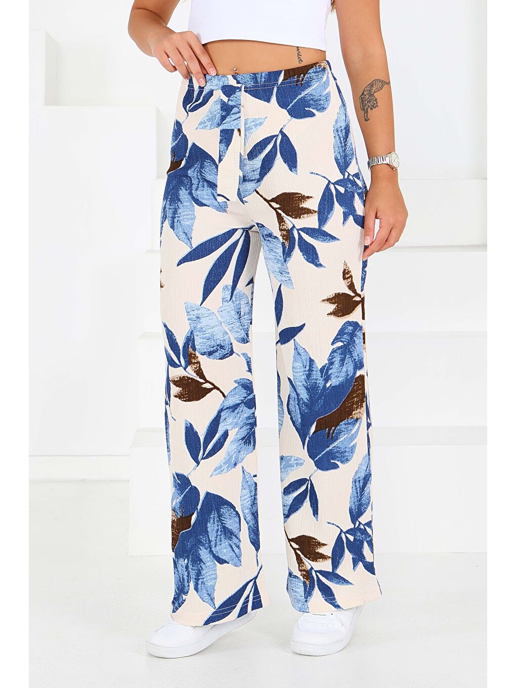 Mavi Desenli Beli Lastikli Bürümcük Pantolon Saks - 27682-1