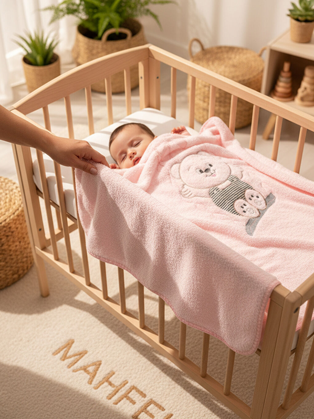 Pembe Çift Katlı Welsoft Salıncak Nakışlı Bebek Battaniyesi PEMBE-2