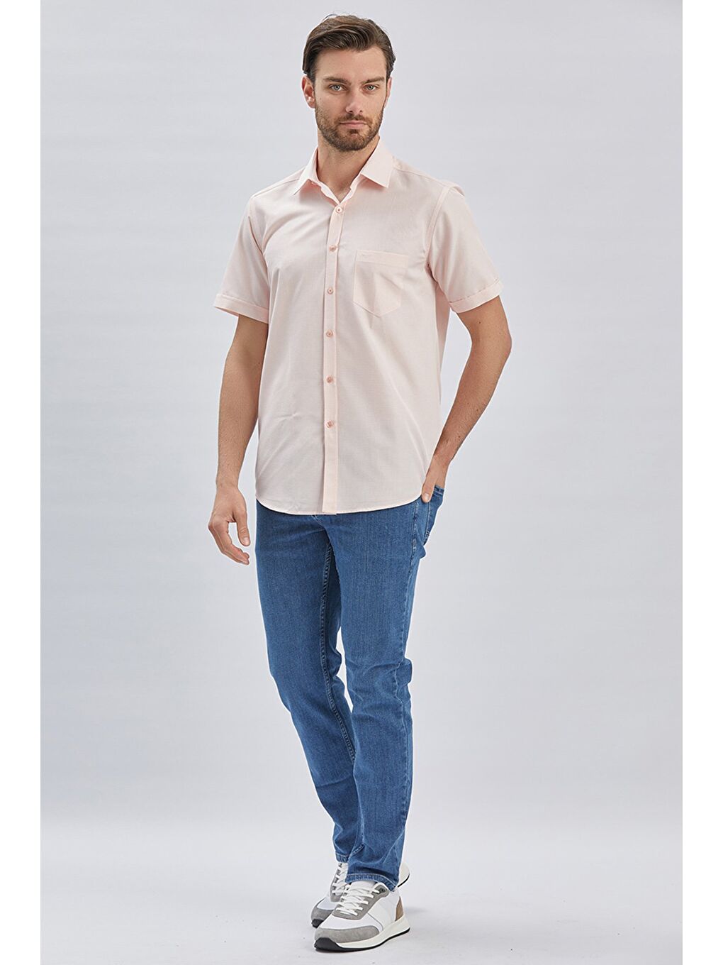 Pembe Somon Kısa Kollu Desenli Sert Yaka Cepli Pamuklu Klasik Comfort Fit Rahat Kesim Gömlek 1004240231