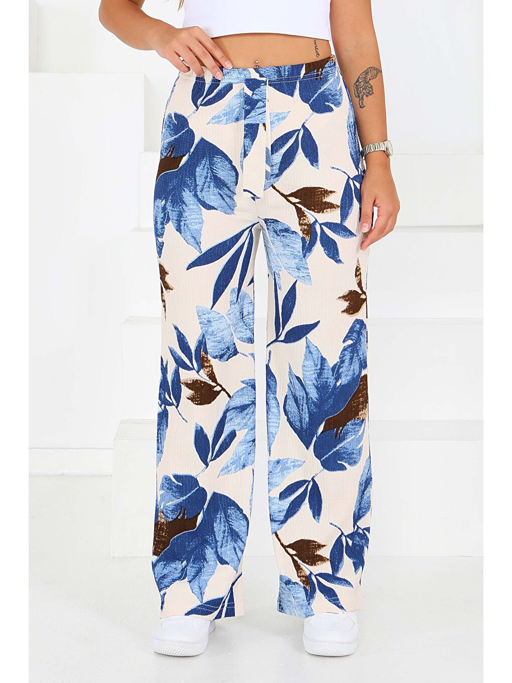 Mavi Desenli Beli Lastikli Bürümcük Pantolon Saks - 27682-2