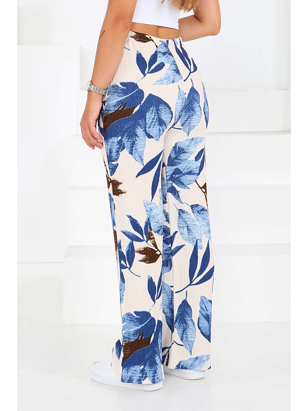 Mavi Desenli Beli Lastikli Bürümcük Pantolon Saks - 27682-3