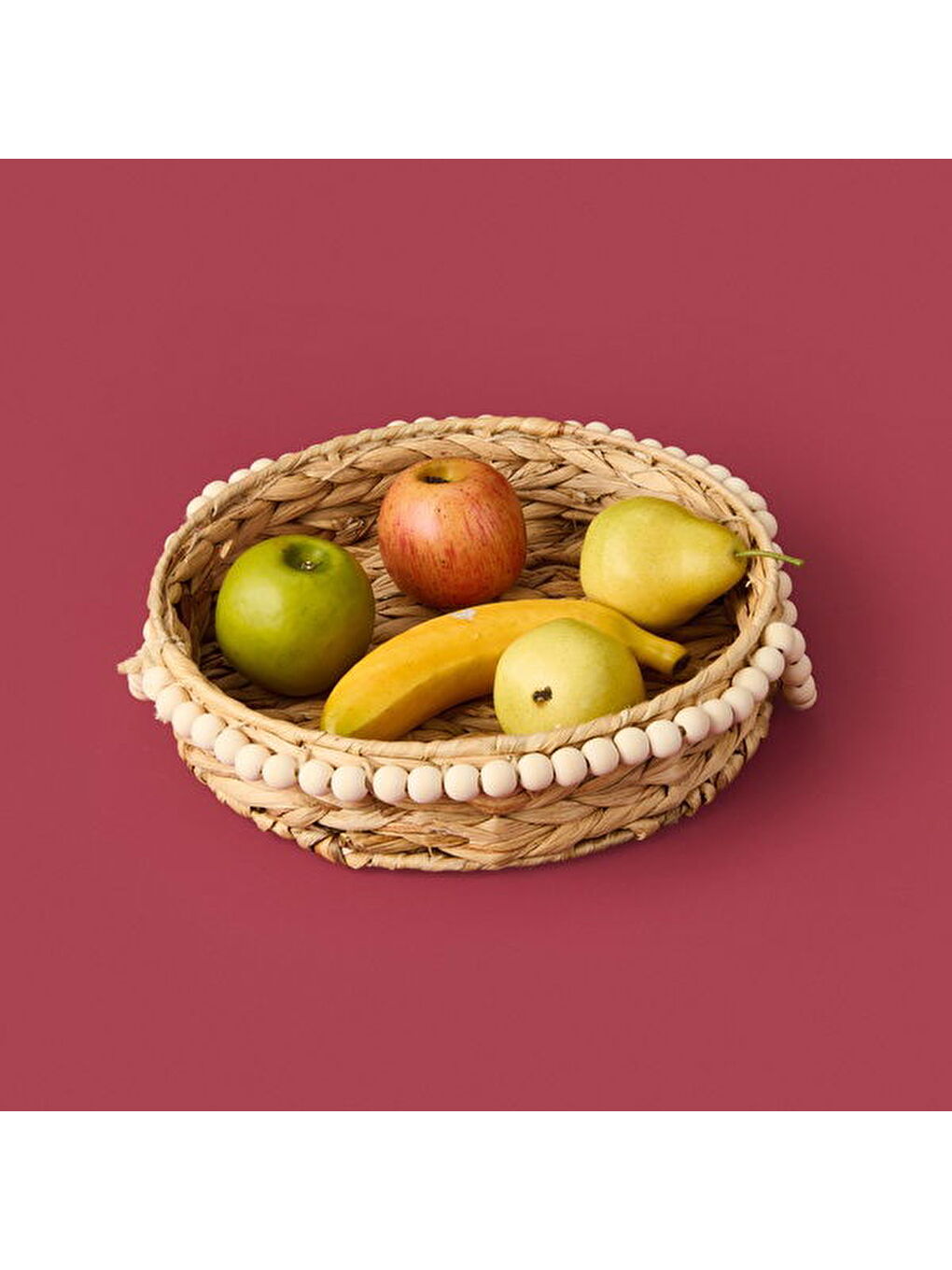 Boncuklu Su Sümbülü Dekoratif Tepsi - Bej - 33 cm-1