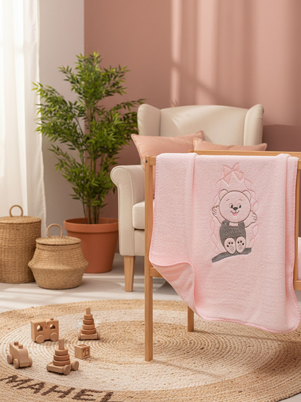 Pembe Çift Katlı Welsoft Salıncak Nakışlı Bebek Battaniyesi PEMBE-4