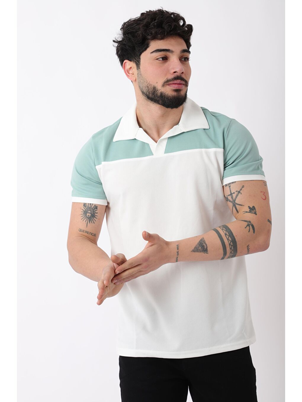 Turkuaz Parçalı Apaç Yaka Erkek Tişört JS C-007_30415-1