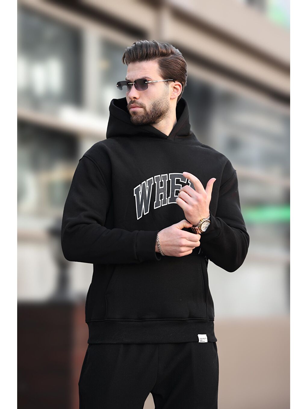 Siyah Kapüşonlu Baskılı Cep Detaylı Erkek Sweatshirt E7065-1