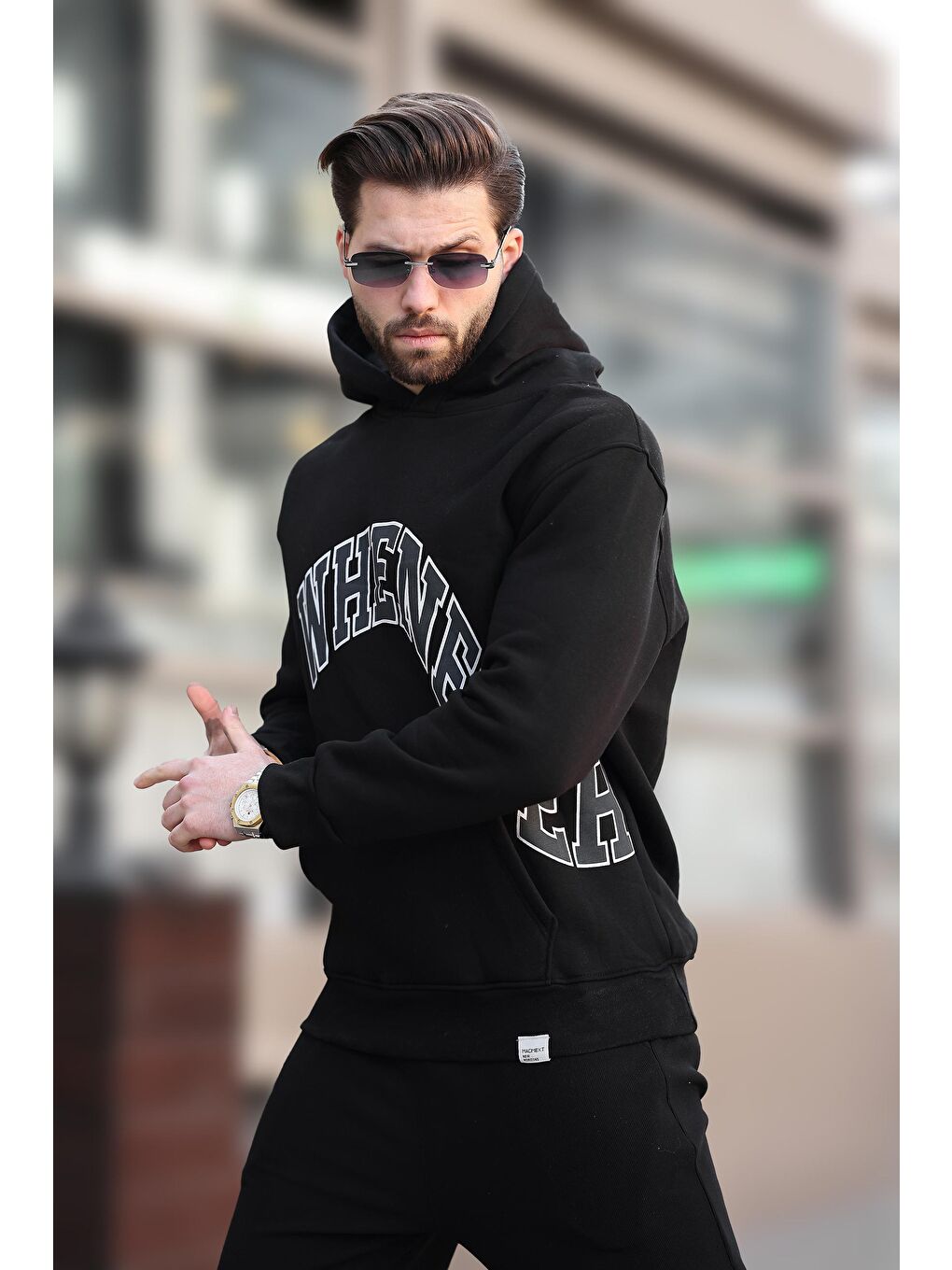 Siyah Kapüşonlu Baskılı Cep Detaylı Erkek Sweatshirt E7065-2