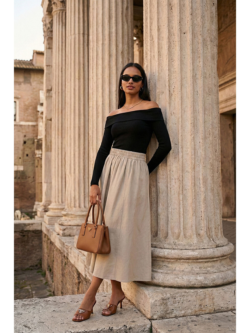 Haki Pamuk Karışımlı Regular Fit Lastikli Bel Midi Boy Kadın Etek 6921268