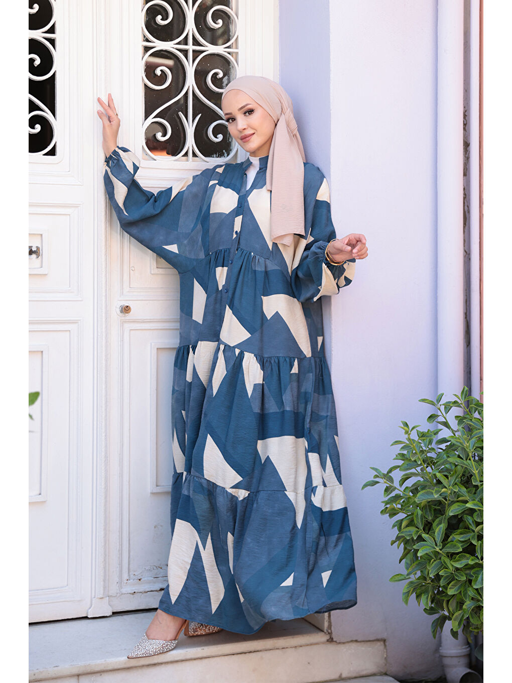 Kadın Karışık Desen Elbise Mavi-1