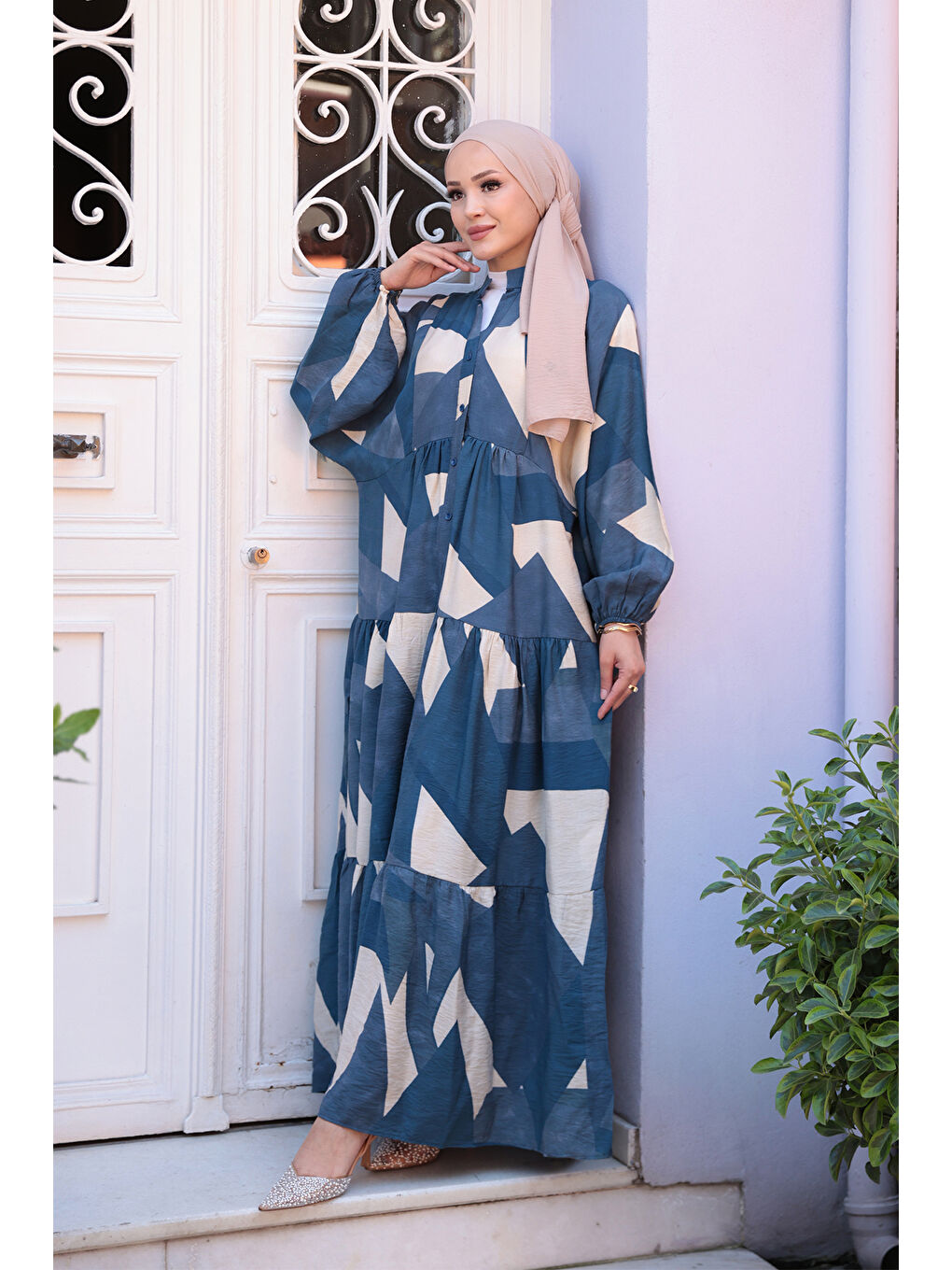 Kadın Karışık Desen Elbise Mavi-2