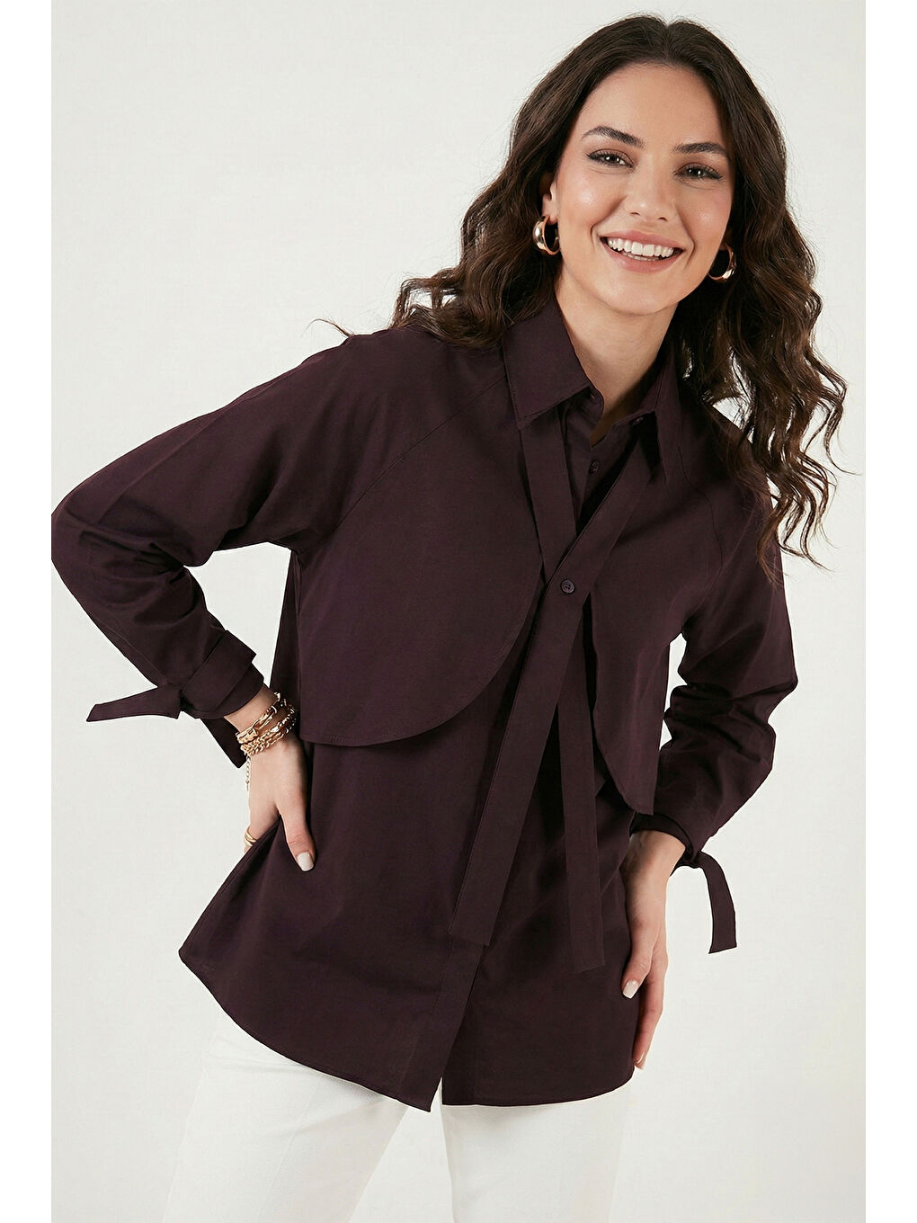 Mürdüm Pamuklu Relaxed Fit Bağlama Detaylı Kadın Gömlek 6925408-3