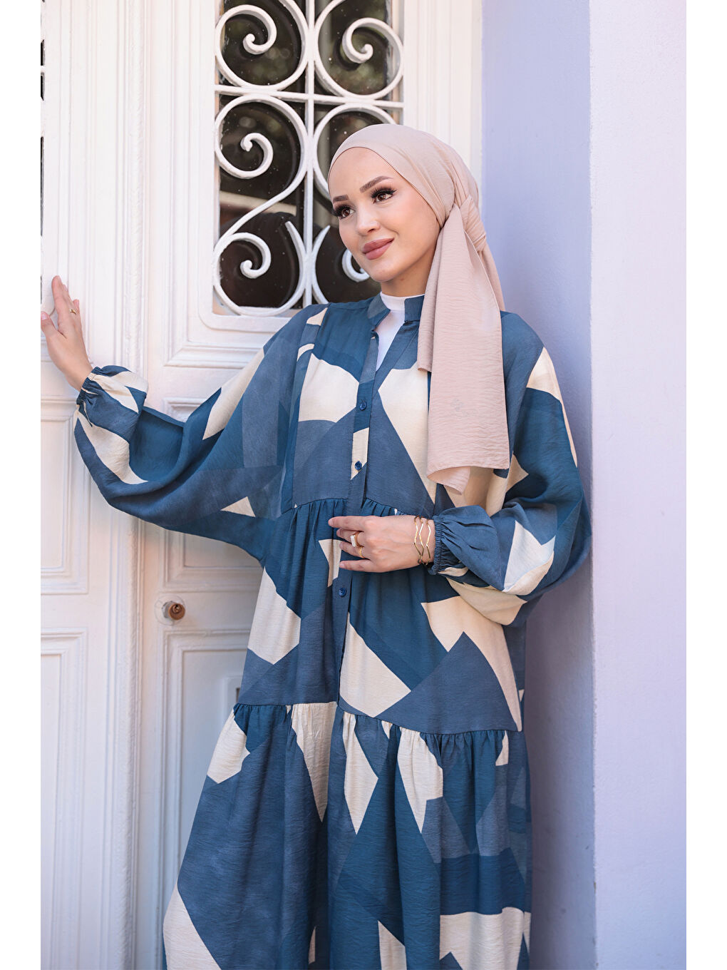 Kadın Karışık Desen Elbise Mavi-4