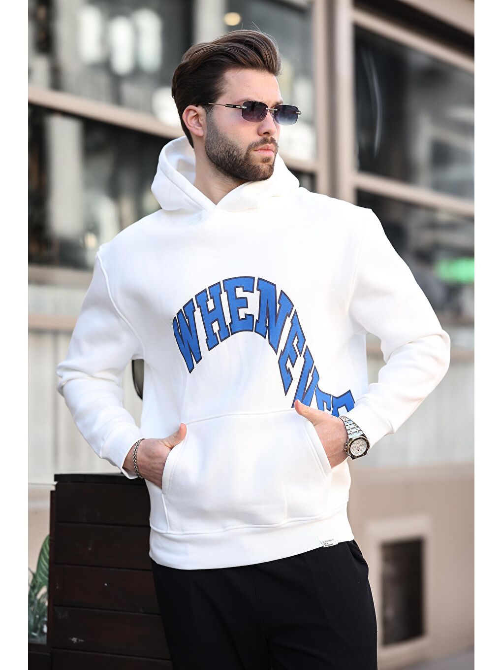 Ekru Kapüşonlu Baskılı Cep Detaylı Erkek Sweatshirt E7065