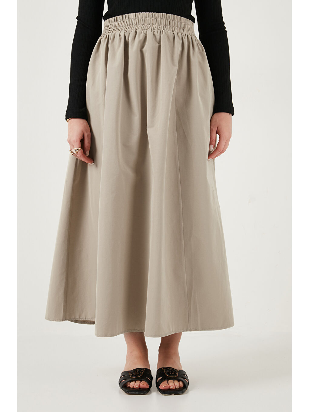 Haki Pamuk Karışımlı Regular Fit Lastikli Bel Midi Boy Kadın Etek 6921268-3