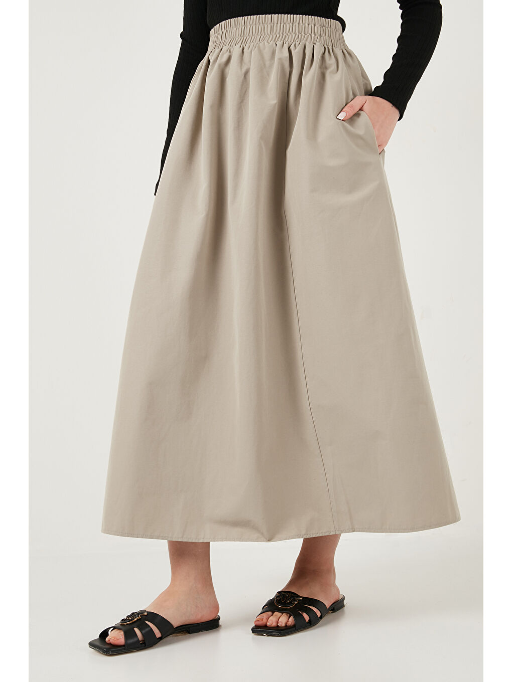 Haki Pamuk Karışımlı Regular Fit Lastikli Bel Midi Boy Kadın Etek 6921268-4