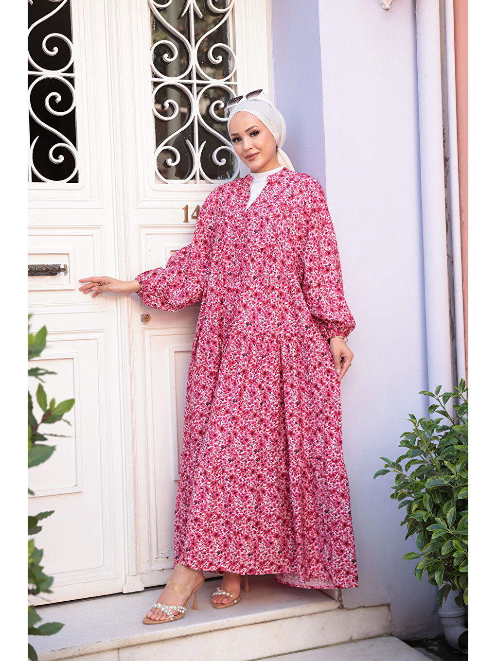 Kır Bahçesi Desen Elbise Fuşya