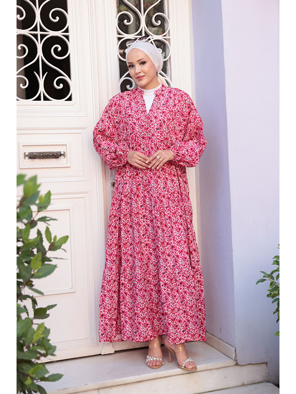 Kır Bahçesi Desen Elbise Fuşya-1