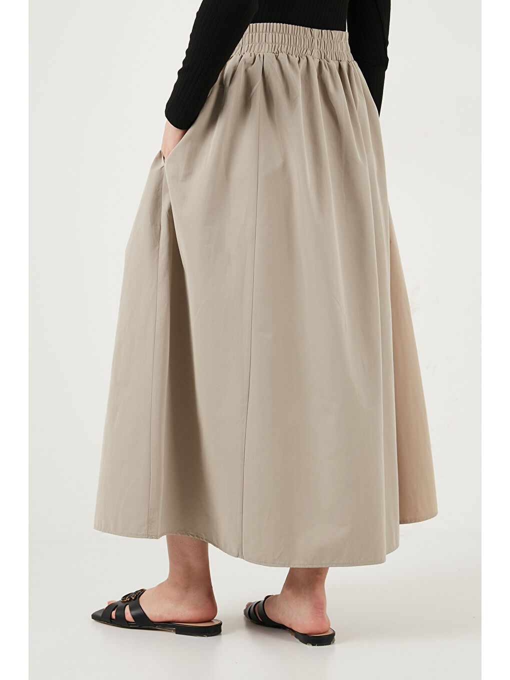 Haki Pamuk Karışımlı Regular Fit Lastikli Bel Midi Boy Kadın Etek 6921268-6