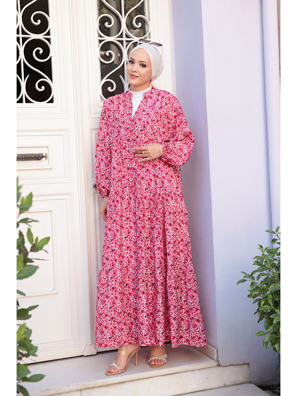 Kır Bahçesi Desen Elbise Fuşya-2