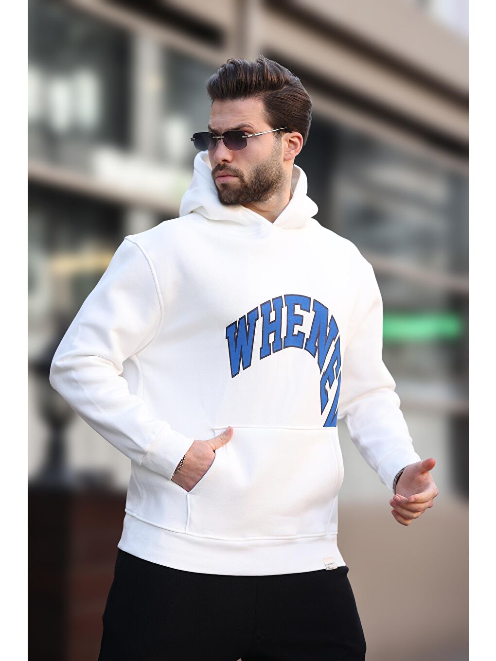 Ekru Kapüşonlu Baskılı Cep Detaylı Erkek Sweatshirt E7065-1