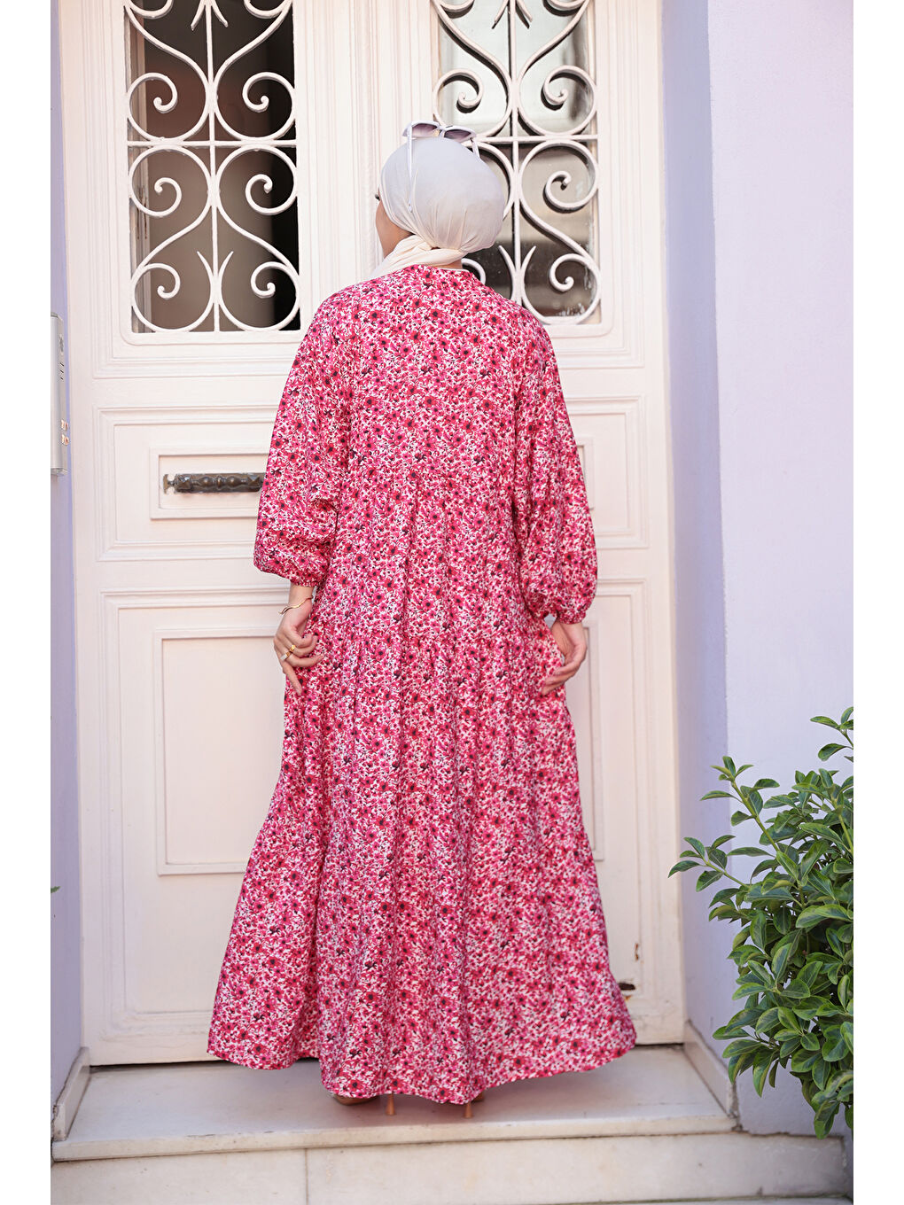 Kır Bahçesi Desen Elbise Fuşya-3