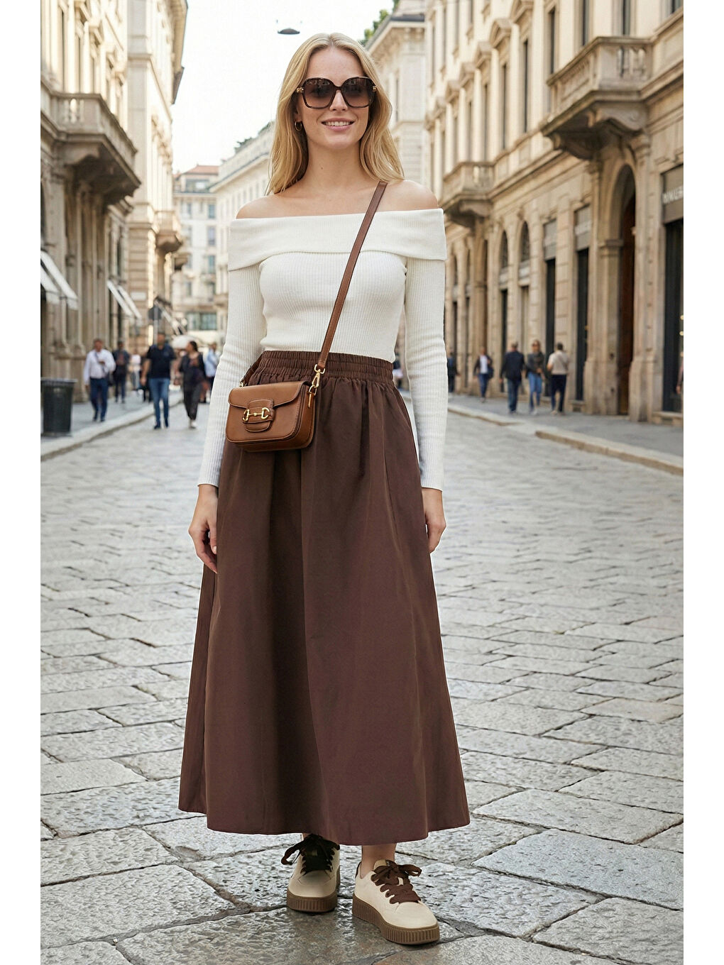 Kahverengi Pamuk Karışımlı Regular Fit Lastikli Bel Midi Boy Kadın Etek 6921268