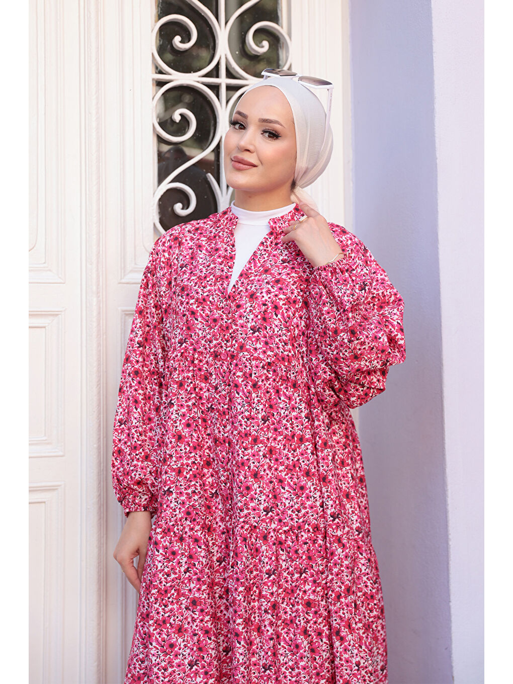 Kır Bahçesi Desen Elbise Fuşya-4