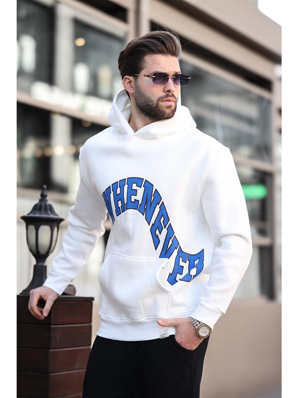Ekru Kapüşonlu Baskılı Cep Detaylı Erkek Sweatshirt E7065-2