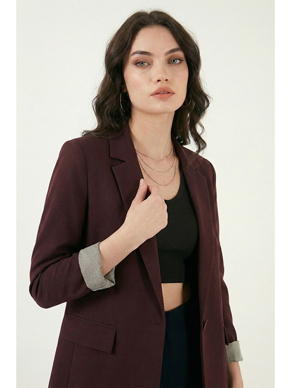 Mürdüm Regular Fit Kruvaze Yaka Desenli Astarlı Kadın Ceket 6927624-1