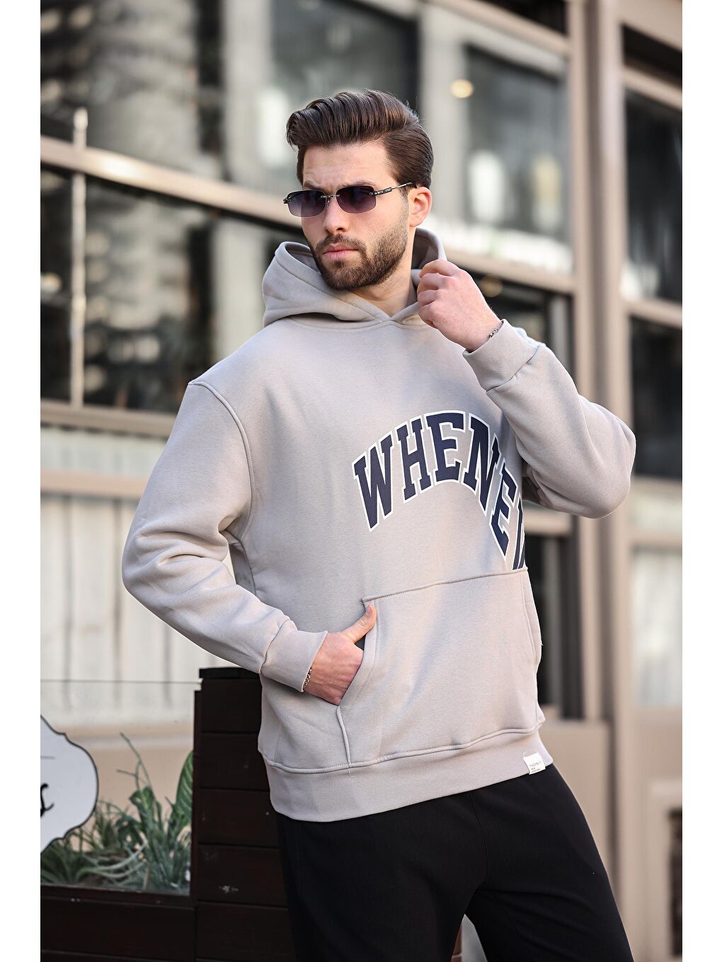 Boyalı Gri Kapüşonlu Baskılı Cep Detaylı Erkek Sweatshirt E7065-1