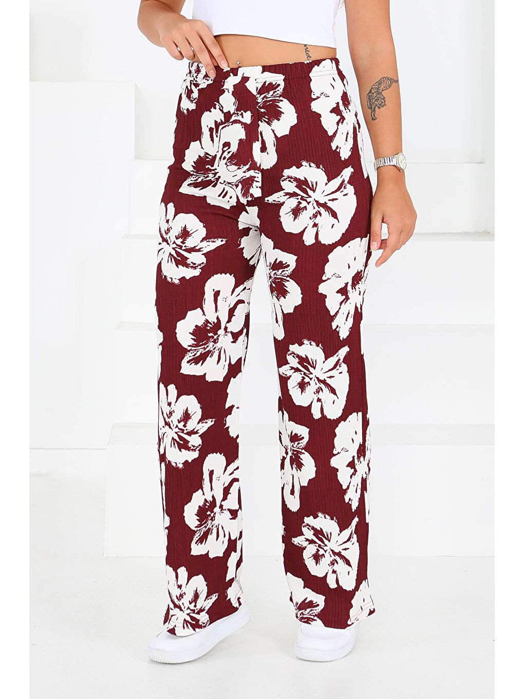 Desenli Beli Lastikli Bürümcük Pantolon Bordo - 27685