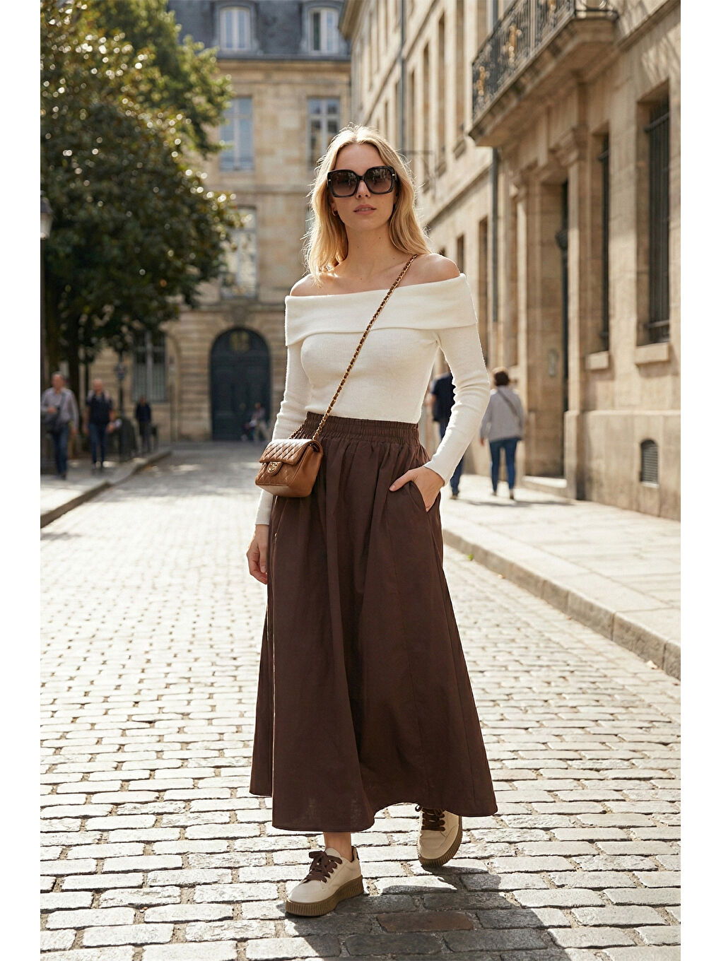 Kahverengi Pamuk Karışımlı Regular Fit Lastikli Bel Midi Boy Kadın Etek 6921268-1