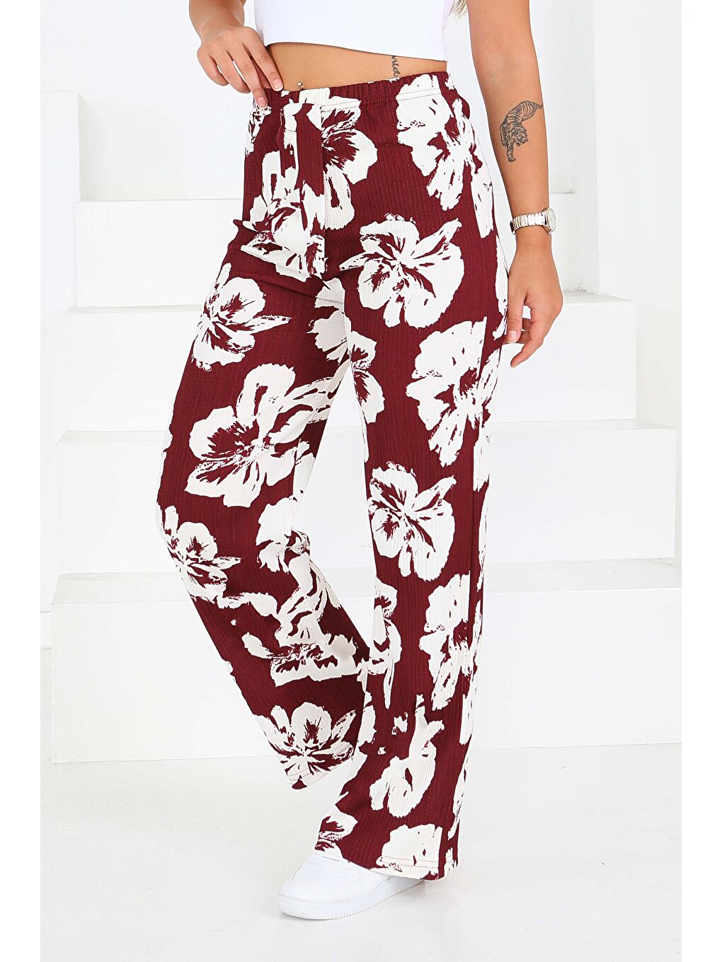Desenli Beli Lastikli Bürümcük Pantolon Bordo - 27685-1