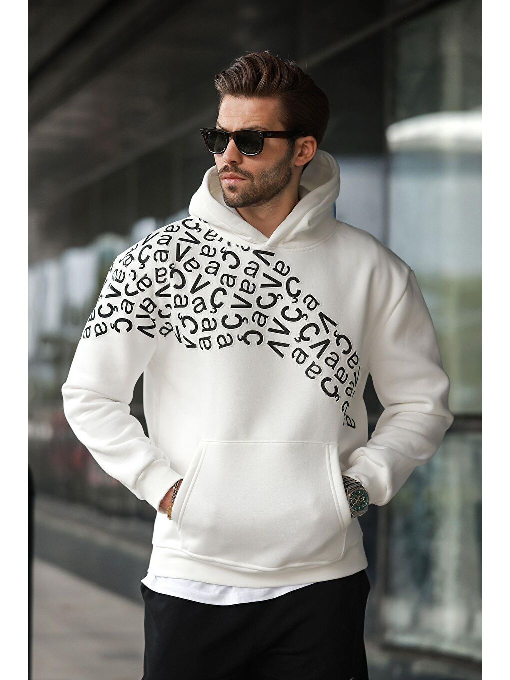 Ekru Baskılı Kapüşonlu Erkek Sweatshirt E7160