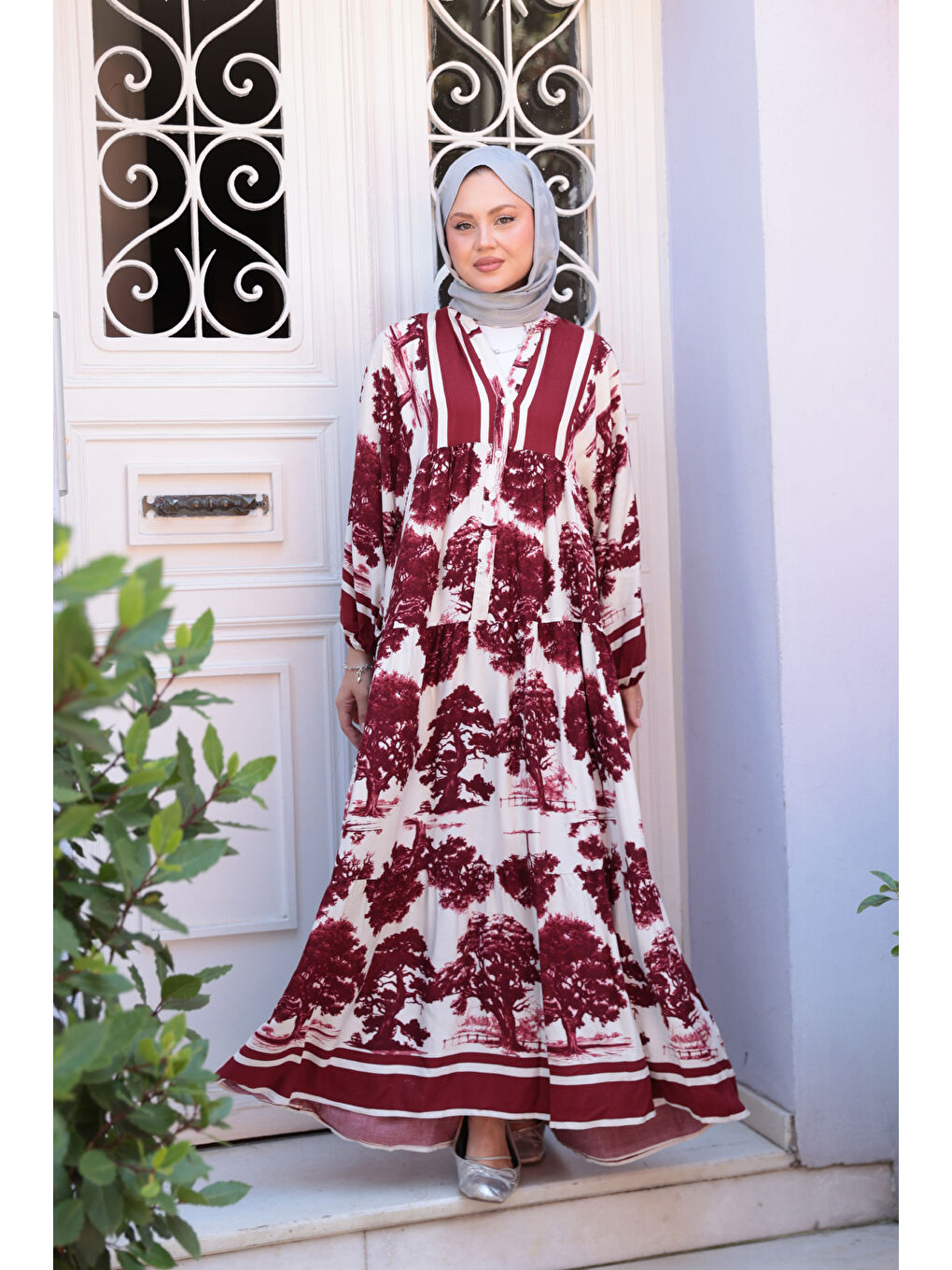 Kadın Ağaç Desenli Elbise Bordo-1